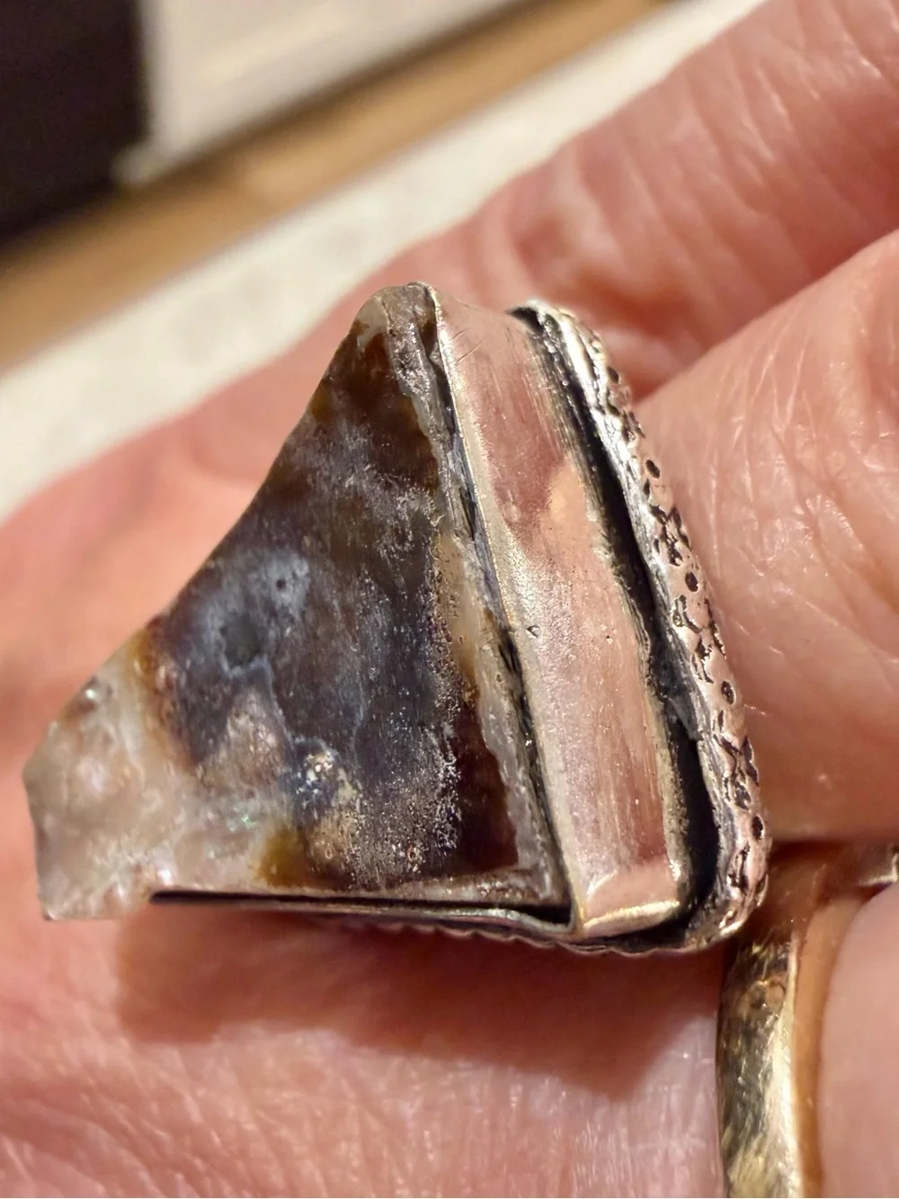 Vintage 925 Sterling Silver Fire Agate Triangle Statement Ring - Size 6